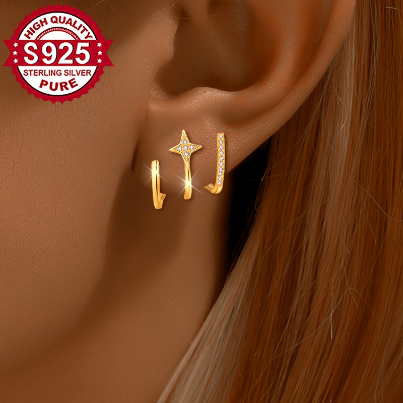 Women's S925 Silver Four-Pointed Star Stud Earrings with Zirconia